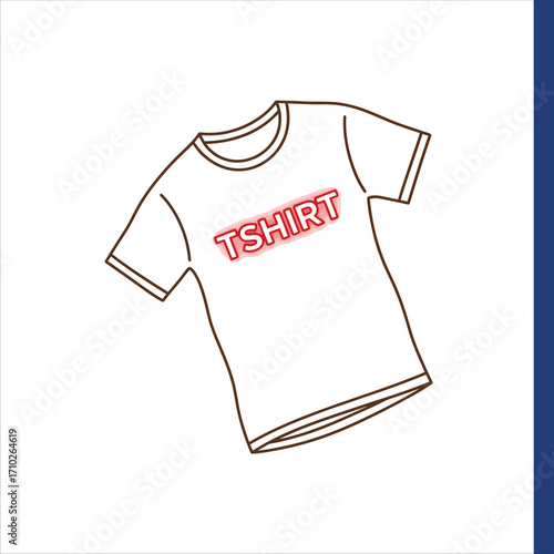 Simple line art drawing of a T-shirt with glowing red text. Vector graphic icon for fashion design, apparel mockups, or clothing templates