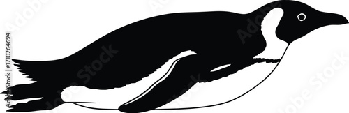 A swimming emperor penguin, showcasing its streamlined body and distinctive black and plumage in a side view