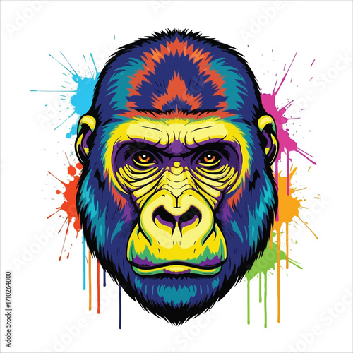 Vibrant and Colorful Gorilla Portrait with Splashes of Paint