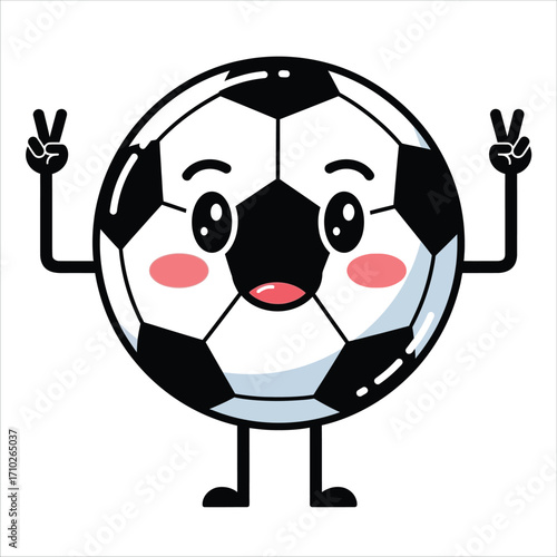 A cute cartoon soccer ball character with a happy smiling face, hands up making a peace sign. Adorable kawaii sports mascot illustration vector graphic