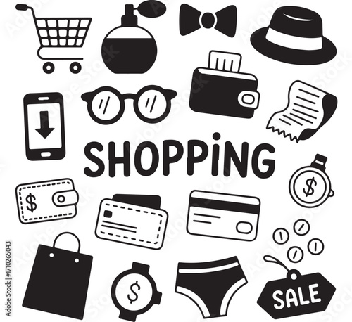 Shopping icons with cart wallet credit card perfume hat glasses smartphone coins sale tag and fashion items in black silhouette style