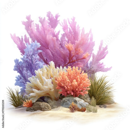 Diverse Coral Growth with Grass on White Background