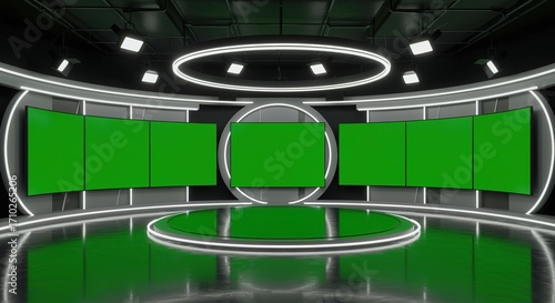 Modern TV Studio Set with Green Screens and Circular Stage Virtu
