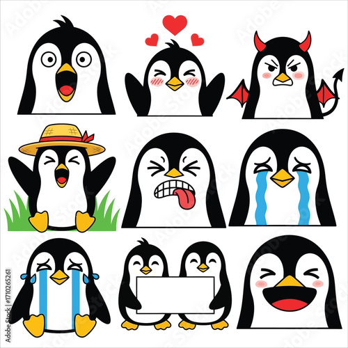 Adorable cartoon penguin character emoticon set expressing a variety of emotions. A cute collection of animal illustrations including happy, sad, angry, and love expressions 18.eps