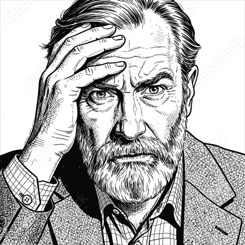 Monochrome illustration of a mature, bearded man, hand on head, conveying intense stress, deep thought, or complex problem-solving. A powerful visual of mental or emotional burden