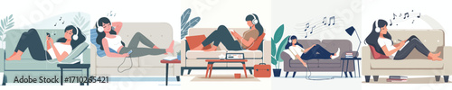 vector of a woman sitting relaxed on a sofa wearing headphones