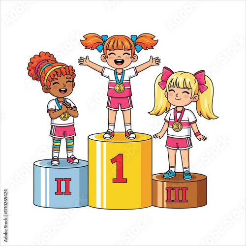 Children celebrating on a podium with medals after a competition, victorious and proud winners showing their success and achievement in a sport or event