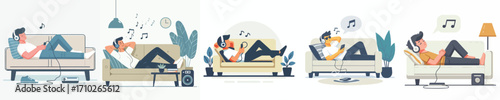 vector of a man sitting relaxed on a sofa wearing headphones