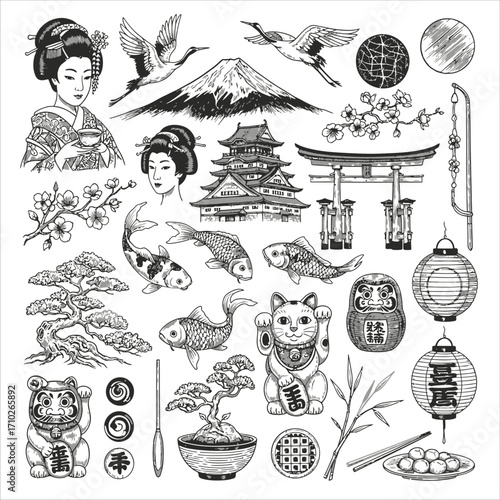 Detailed collection of traditional Japanese cultural symbols, featuring iconic landmarks, traditional figures, and natural elements rendered in a classic hand-drawn sketch style