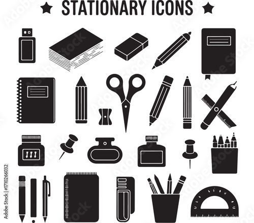 Stationary icons with USB paper clips eraser pencils ink bottles notebooks ruler and scissors in black silhouette style
