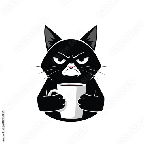 An illustration of a grumpy black cat with a frowning face, holding a white coffee mug.