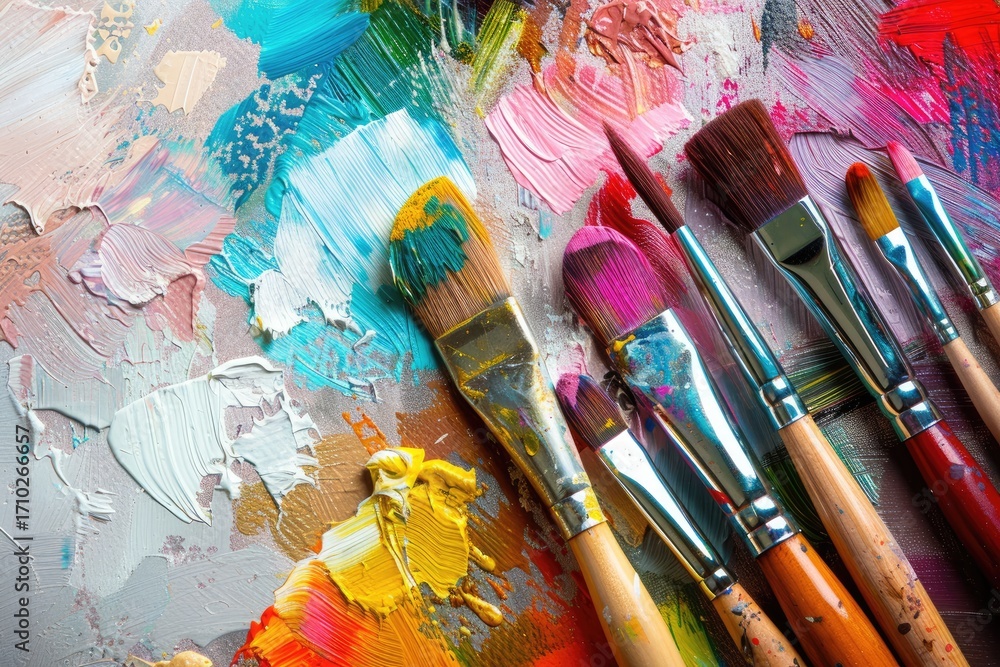 Fototapeta premium A close-up shot of paintbrushes resting on a vibrant artist's palette, showcasing colorful, textured oil paint
