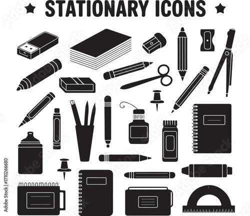 Stationary icons with USB paper eraser pencils compass pens ink bottle notebook ruler and scissors in black silhouette style