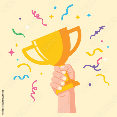 Hand Raising a Golden Trophy Amidst Confetti and Streamers, Celebrating Victory and Success