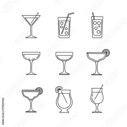 Collection of various cocktail glasses, including martini, margarita, and highball designs, outlined in black.