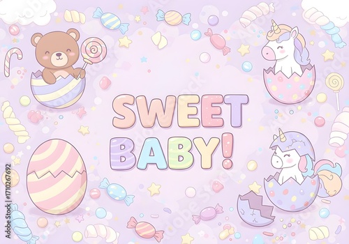 Adorable nursery art featuring a teddy bear and unicorns hatching from decorated eggs on a candy background