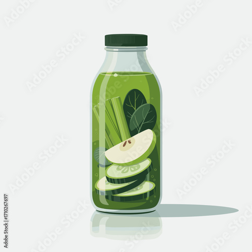 Green Detox Juice Bottle with Spinach Celery Apple and Cucumber Illustration