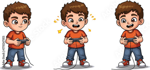 Cute cartoon boy character playing video game with controller, happy expression, fun activity, gaming illustration, kid gamer, entertainment concept art