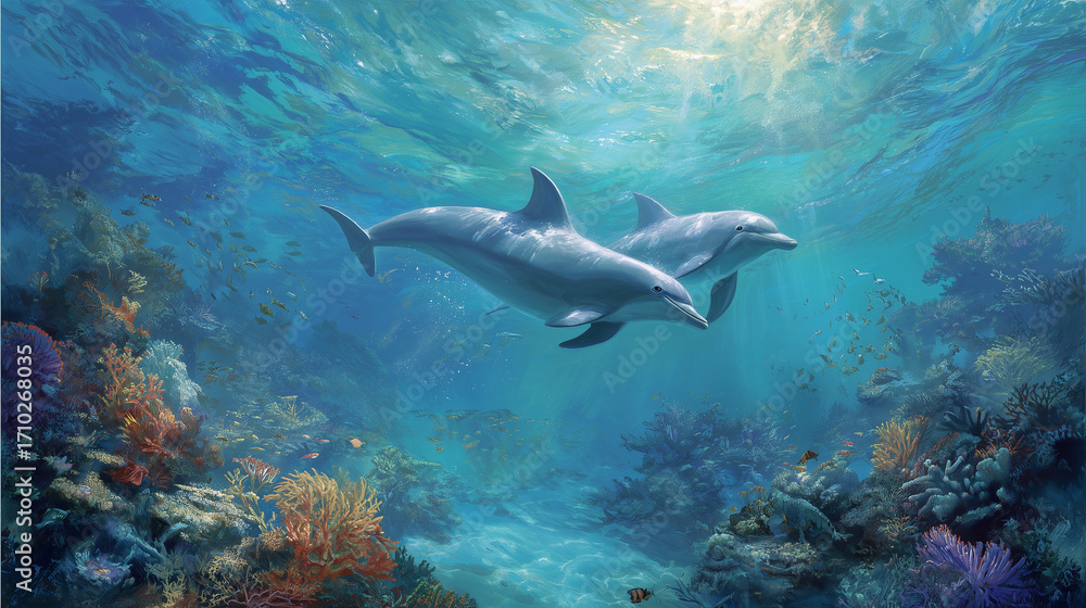 Fototapeta premium Dolphins and Marine Life Protection Awareness Poster