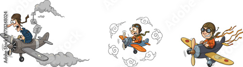 Funny cartoon pilots, vintage airplane flight, aviation humor, comic air travel, cartoon aircraft race, pilot expression, airplane illustration, retro flying