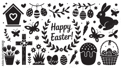 Happy Easter icons with rabbit eggs cross tulips butterflies birdhouse and festive wreath in black silhouette style