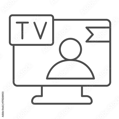 TV program with news channel thin line icon, info tech concept. Vector graphics. Monitor screen with person, television sign on white background, outline style icon for mobile or web design.