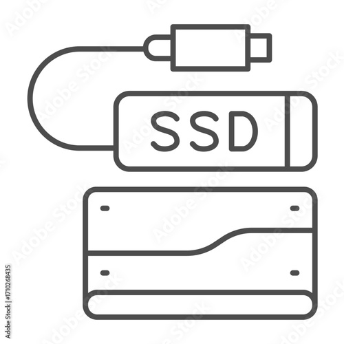 Two portable disk drives thin line icon, info tech concept. Vector graphics. Solid state drive with cord, data storage sign on white background, outline style icon for mobile or web design.