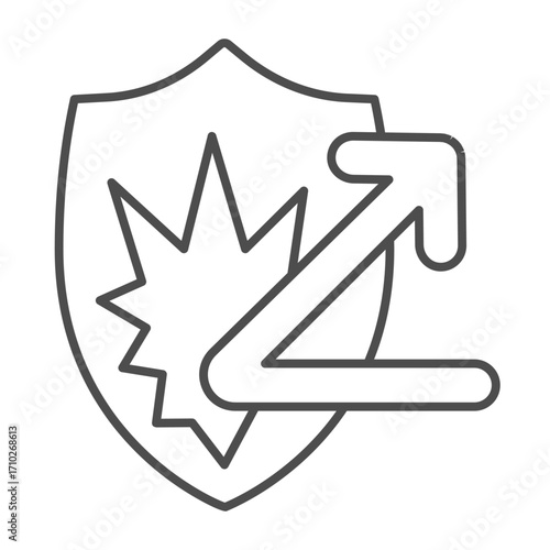 Repressed attack shield thin line icon, info tech concept. Vector graphics. Broken arrow shot and safety emblem, security sign on white background, outline style icon for mobile or web design.