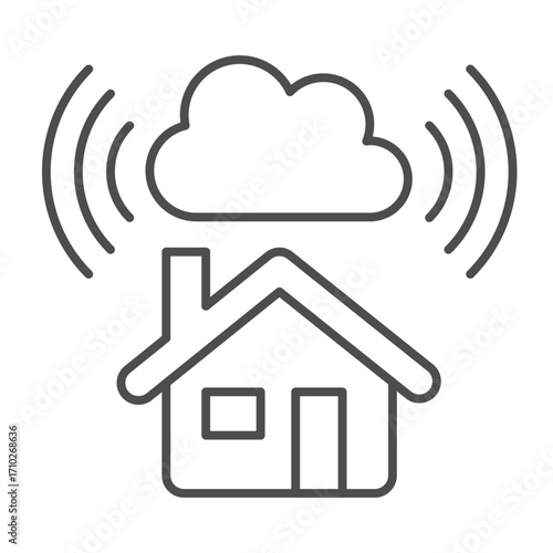 Home house with cloud technology thin line icon, info tech concept. Vector graphics. Cottage building with cloud storage sign on white background, outline style icon for mobile or web design.