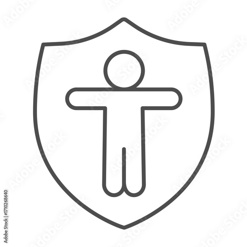 Human security shield thin line icon, info tech concept. Vector graphics. Man in the safety emblem, privacy sign on white background, outline style icon for mobile or web design.
