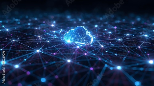 A glowing blue cloud icon is at the center of a digital network of interconnected nodes and lines, representing cloud computing and data connectivity.