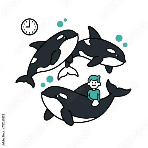 Group of orcas with trainer cartoon