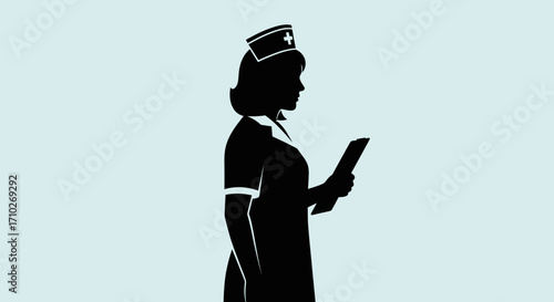Silhouette of a female nurse in a traditional uniform and cap, standing in profile while reading a medical chart or clipboard.