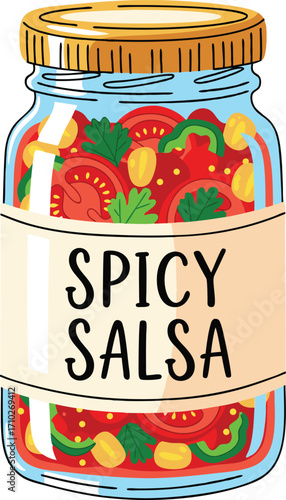 Jar of Spicy Salsa Sauce with Fresh Chilies, Tomatoes, Corn, and Herbs - Mexican Hot Dip Illustration