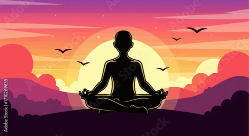 Silhouette of a person meditating in a lotus pose against a vibrant, colorful sunset with mountains and birds.