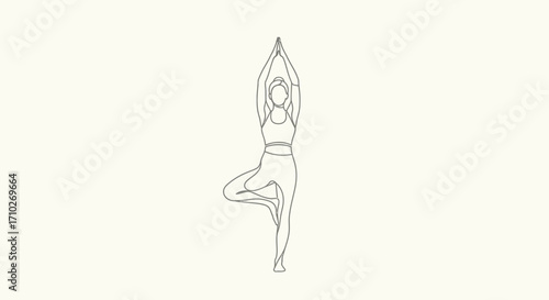 Minimalist line art illustration of a woman performing the Tree Pose in yoga, showcasing balance and tranquility.