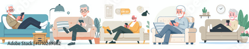 vector of a grandfather sitting relaxed on the sofa playing with gadgets