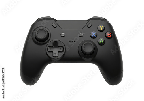Black gaming controller on a white background, showcasing buttons and ergonomic design for gaming