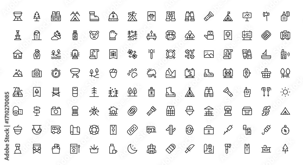 Obraz premium Wilderness line icon set featuring editable, pixel-perfect designs in a simple, clean, and professional style. Ideal for outdoor, survival, and nature-related visuals.