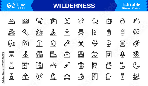 Wilderness line icon set featuring editable, pixel-perfect designs in a simple, clean, and professional style. Ideal for outdoor, survival, and nature-related visuals.