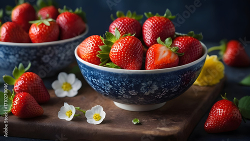 Fresh and bright red strawberries are on the same scale. They look delicious, and the fresh leaves add juiciness to the berries.