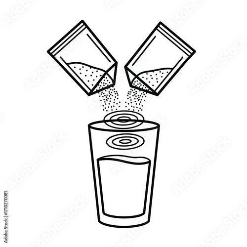 A black and white line drawing of two sachets pouring powder into a glass of water to create a mixture.