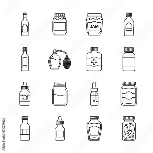 A collection of various bottles and jars, including medicine bottles, jam jars, and perfume bottles, presented in a clean, line-art style.