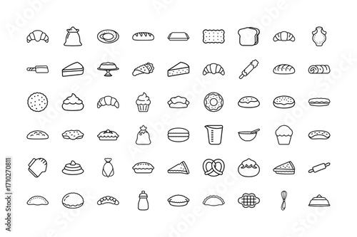 Bakery and Pastry Line Art Icon Vector Collection | Outline Style Bread, Cakes, Croissants, Donuts, Cupcakes, Cookies and Desserts Perfect for Food Branding, Menus and Graphic Design