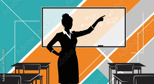 Silhouette of a female teacher pointing at a whiteboard with math equations in a classroom setting with geometric background.