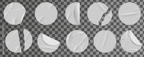 Realistic collection of white paper stickers with folds. Circle duct tape with wrinkles set. Scotch tape, wrinkled paper texture. Vector elements
