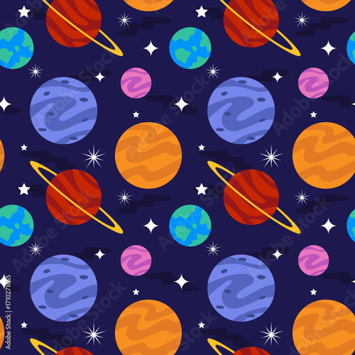 Planet space and stars Illustration seamless pattern for background 