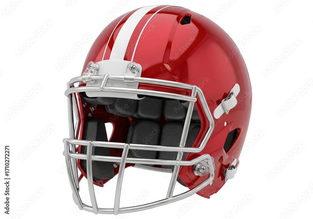 Fototapeta premium Bright red football helmet with white stripes displayed against a clean background, ideal for sports imagery