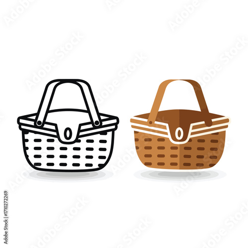 Illustration of a woven picnic basket with a handle, in outline and color.