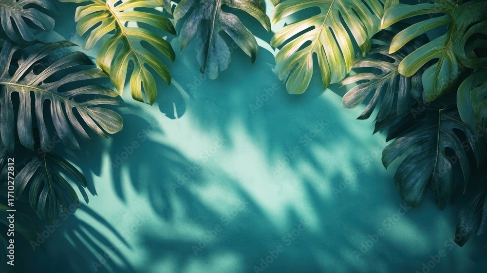 Fototapeta premium Tropical leaves, shadow, mint background, flat lay, nature, design, backdrop, aesthetic